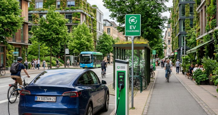 Electric car charging at an urban station beside cyclists and green buildings