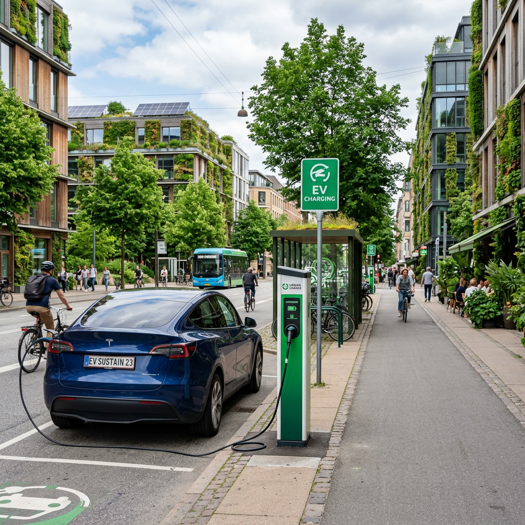 Electric car charging at an urban station beside cyclists and green buildings