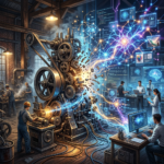 Steam-powered factory machinery connected to people and artificial intelligence networks
