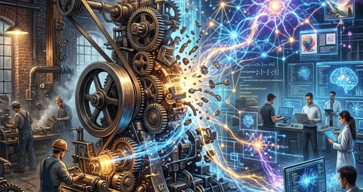Steam-powered factory machinery connected to people and artificial intelligence networks